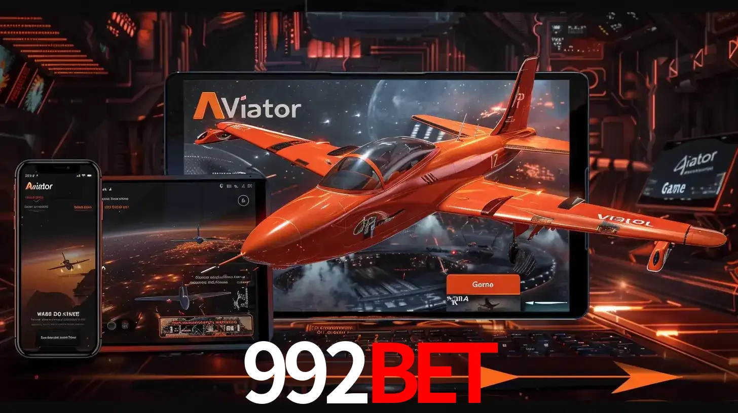 Apresentação tecnológica do jogo Aviator com um avião saindo da tela de um tablet, demonstrando a experiência imersiva em múltiplos dispositivos no 992BET.