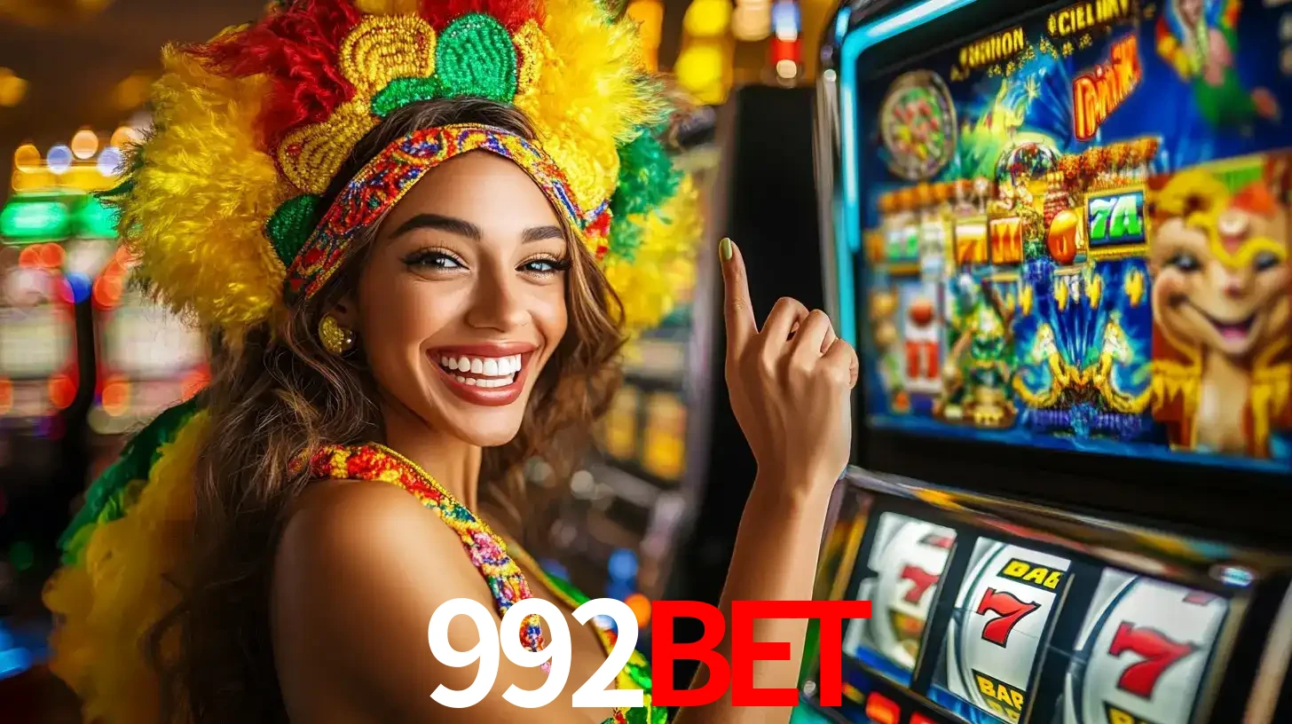 Mulher animada com um cocar de carnaval apontando para uma máquina de caça-níqueis, mostrando a emoção de ganhar um grande prêmio nos jogos do 992BET.