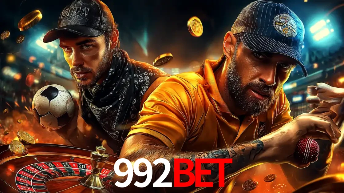 Montagem de apostas esportivas e cassino no 992BET, com um homem segurando uma bola de futebol e outro uma de beisebol sobre uma roleta e moedas voadoras.