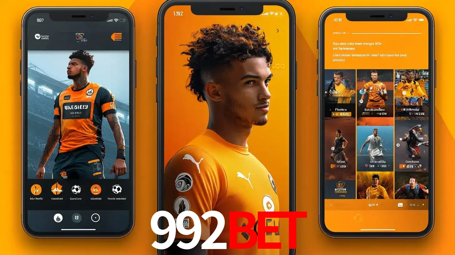 Interface do aplicativo de apostas esportivas 992BET em três telas de celular, mostrando o perfil de um jogador de futebol e a lista de jogos disponíveis para apostar.