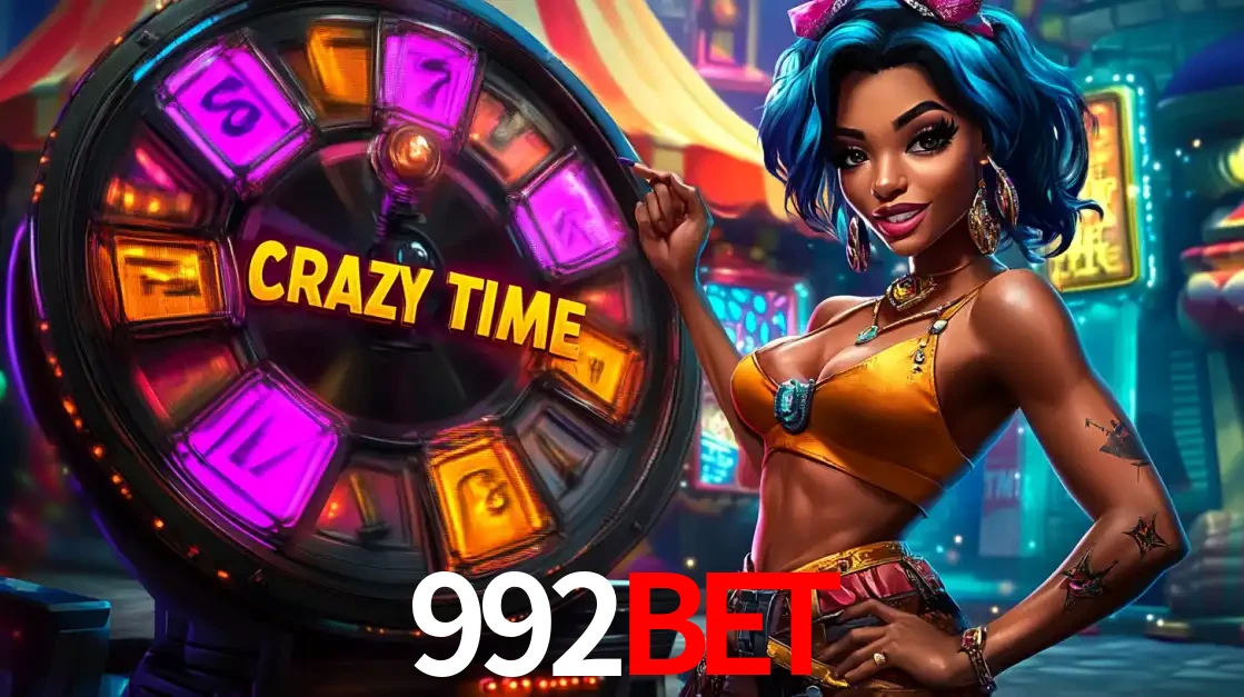 Mulher estilizada com cabelo azul e visual vibrante posando ao lado da roda de prêmios do game show Crazy Time, convidando para a diversão e os bônus do cassino 992BET.