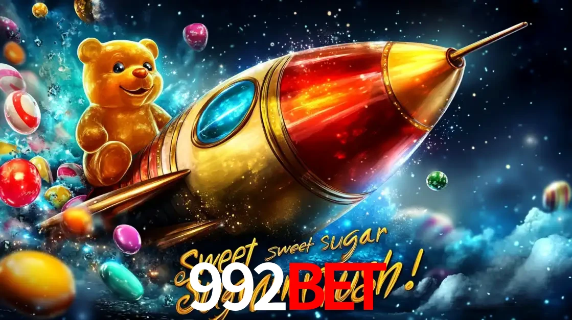 Arte promocional do jogo de slot Sugar Rush, com um urso de pelúcia em um foguete viajando pelo espaço de doces, um dos jogos divertidos disponíveis no cassino 992BET.
