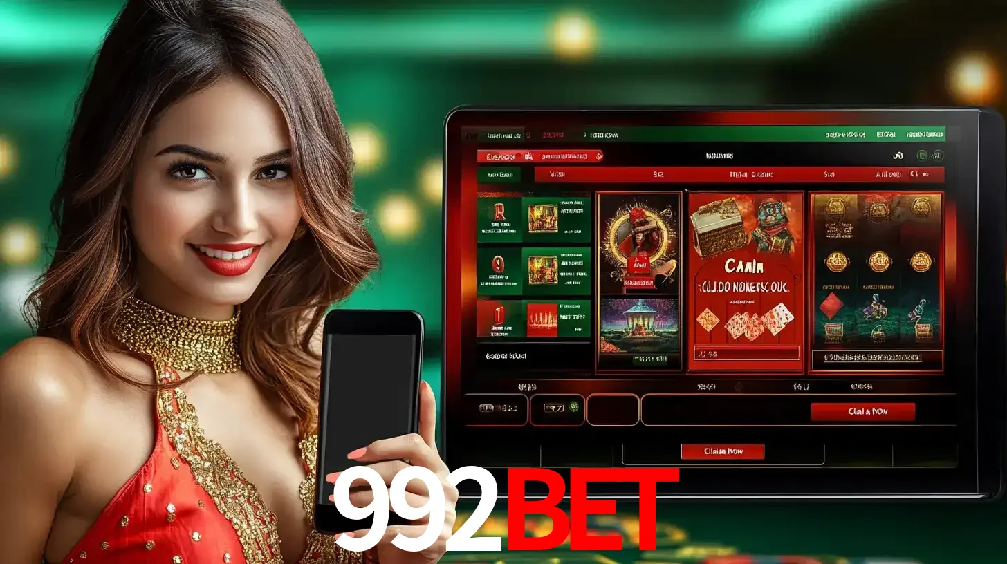 Mulher sorridente segurando um smartphone, ao lado de uma tela exibindo o lobby de jogos do cassino online 992BET, com várias opções de jogos de cartas e slots.